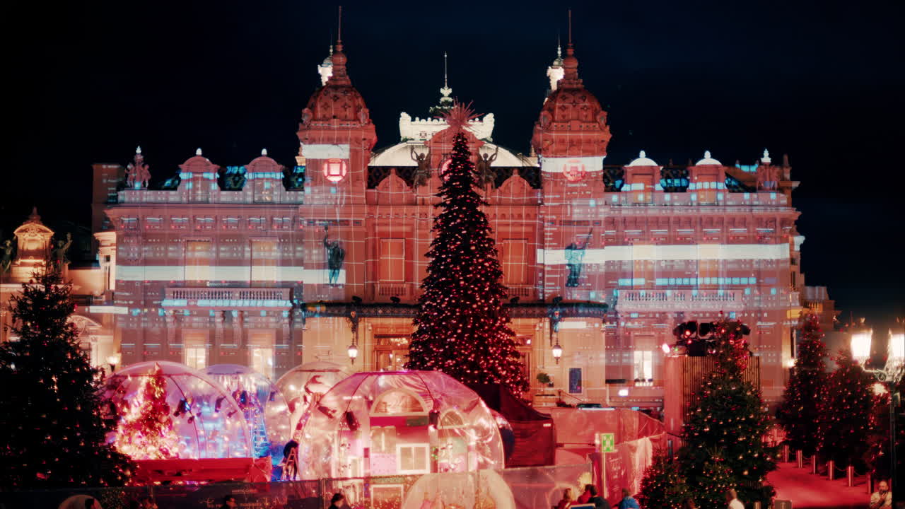 Big Christmas decorations in bubbles in the courtyard of the Monte Carlo Casino