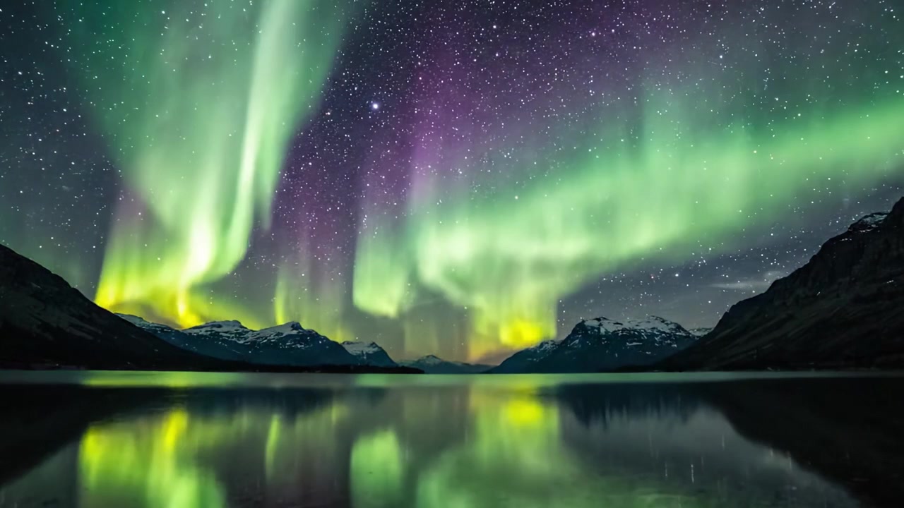 Spettacolare aurora boreale che illumina il cielo notturno sopra montagne tranquille e acque calme, creando una scena di riflessi magici.