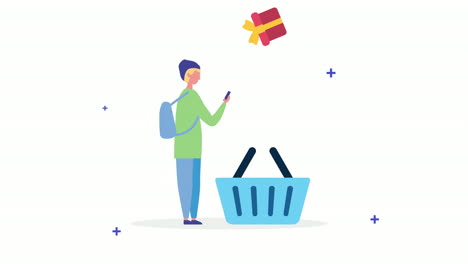 joven usando un teléfono inteligente con una canasta de compras y un regalo