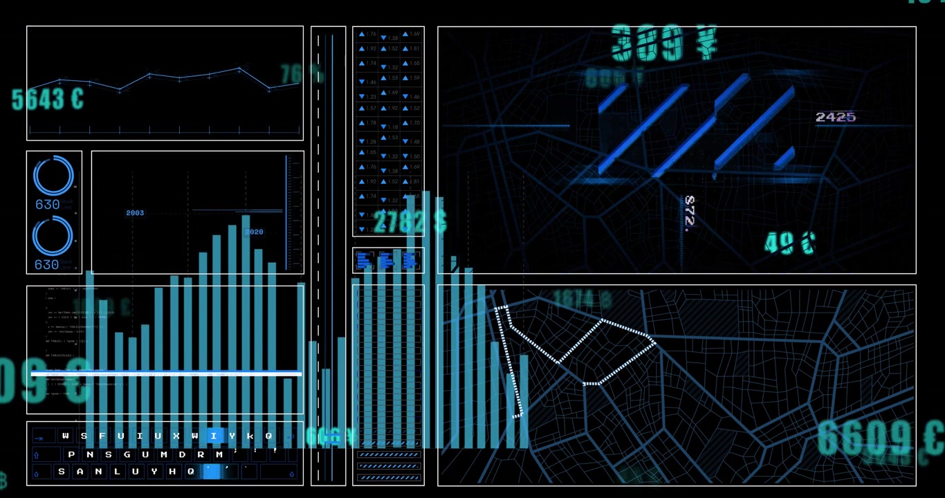 The video depicts various graphs and financial data being processed on a black background