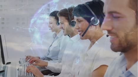 Animation-of-globe-over-business-people-using-phone-headsets