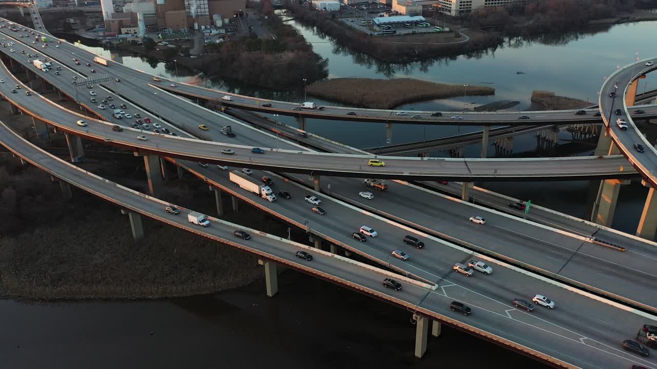 Baltimore, Maryland USA, Aerial View of I-95 and I-395 Highway Elevated Interchange and Overpass in Twilight
