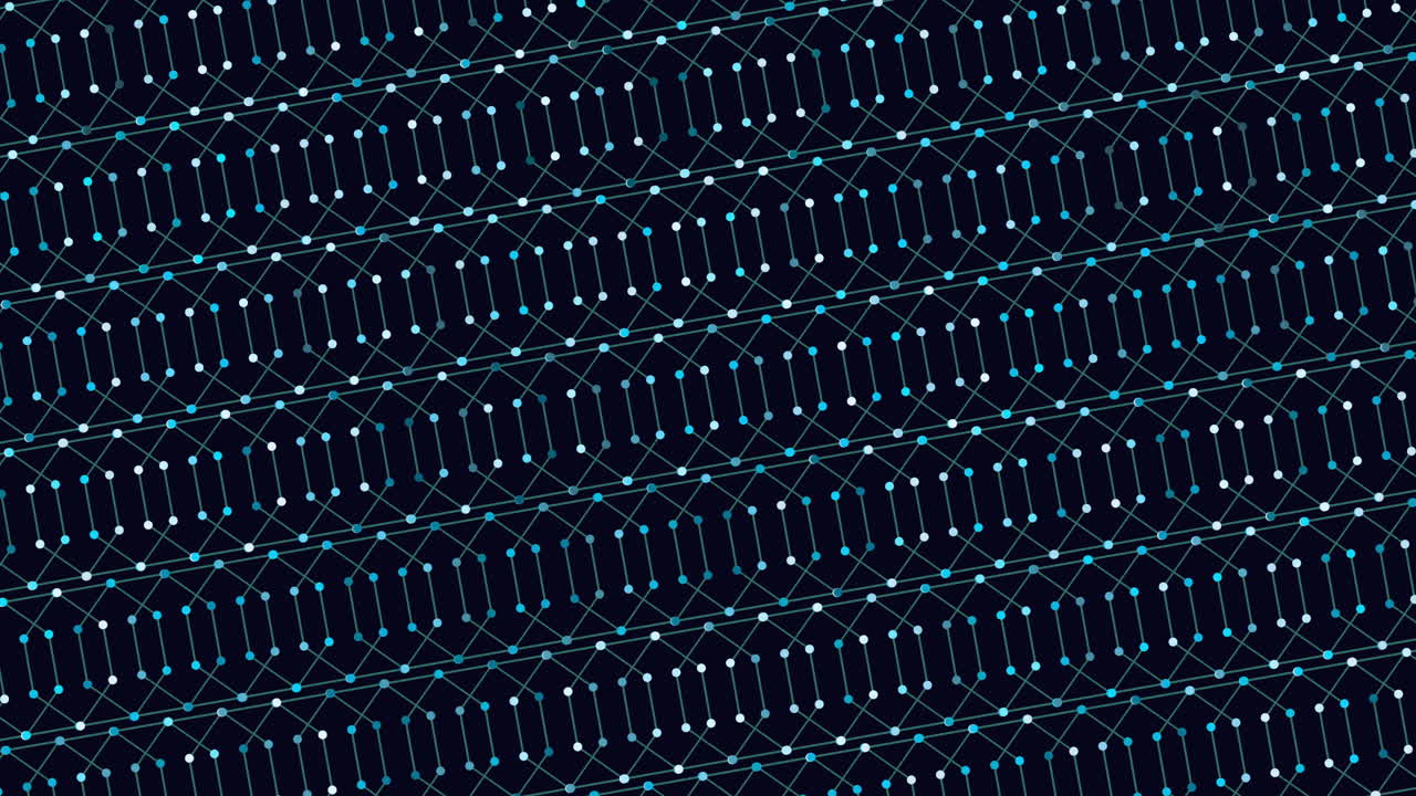 Animated abstract technology background with blue nodes and connecting lines forming a digital network grid, ideal for data, AI, blockchain, cybersecurity, and science themes
