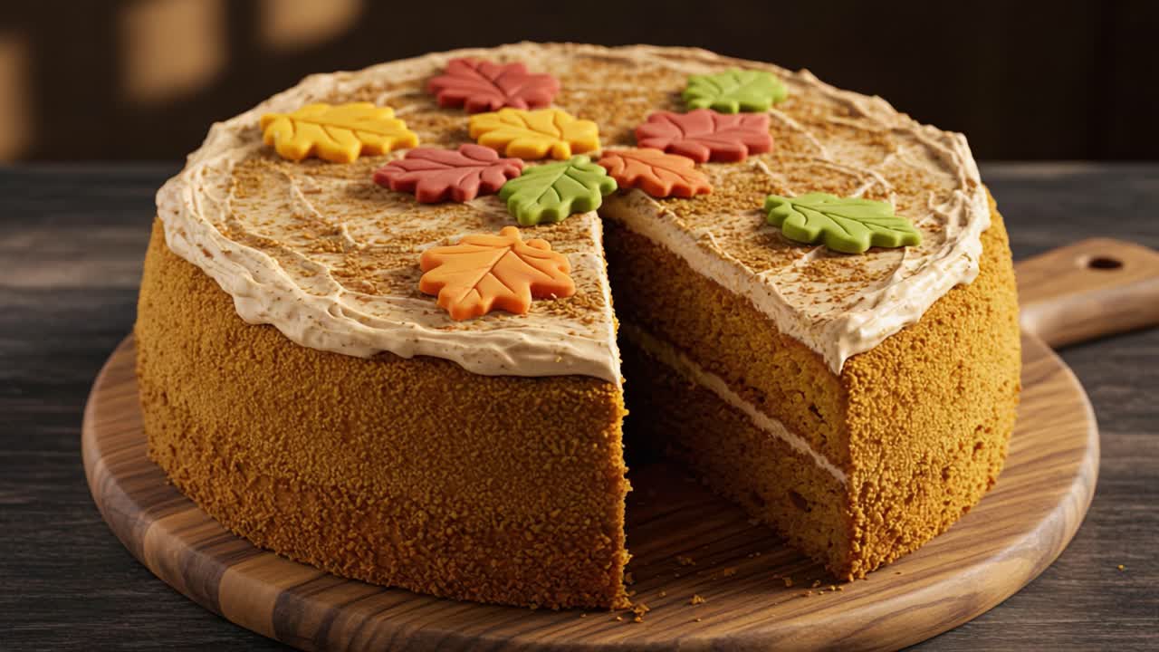 Autumn Pumpkin Cake with Leaf Decorations and a Missing Slice