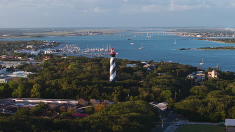 Aerial view circling the St Augustine lighthouse, golden hour in Florida, USA