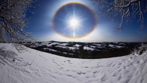 stunning sun halo over a snow-covered winter landscape