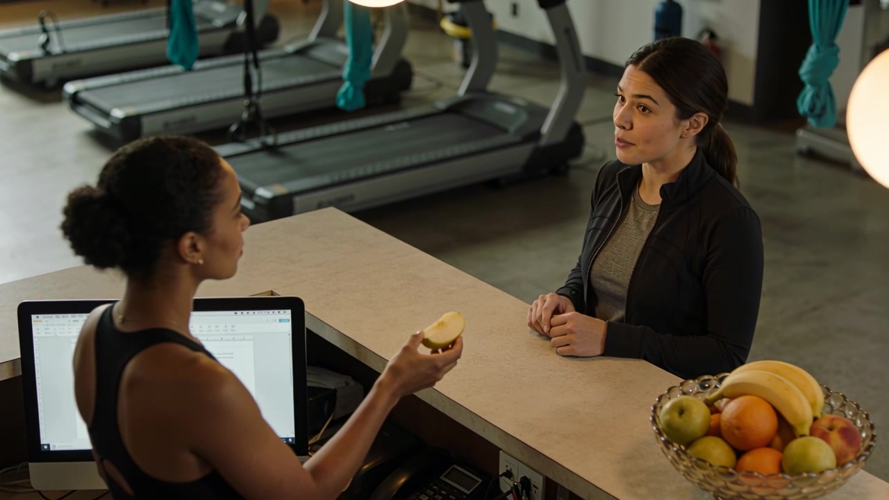 Approaching reception counter, gym member in dark jacket accepting halved apple and asking schedule