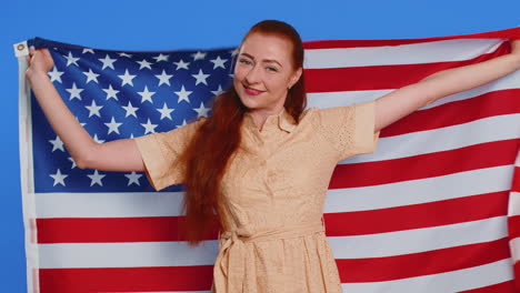 woman waving and wrapping in american usa flag celebrating human rights and freedoms independence