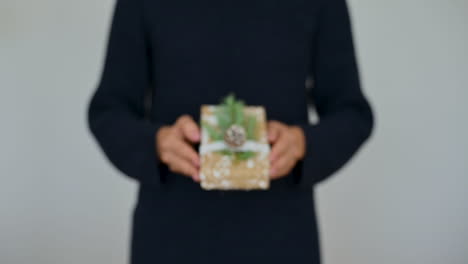 female hands shows a wrapped gift decorated with a pine cone, a branch and painted snow