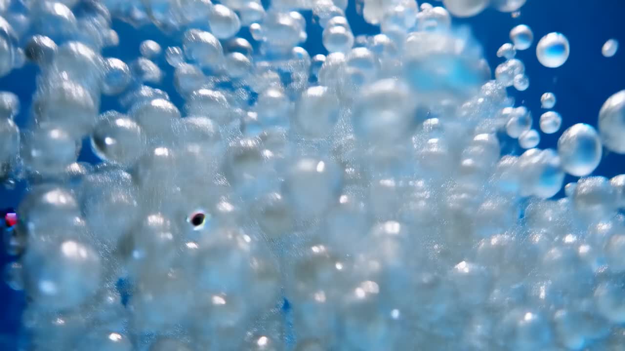 Breaking cluster sending translucent bubbles rising in water with highlights stemming from surface