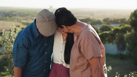 nature, laugh and woman with her senior parents