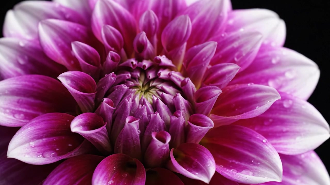 Magnifico primo piano di un fiore di dalia rosa vibrante che mostra la sua intricata disposizione dei petali e gocce di pioggia su uno sfondo nero
