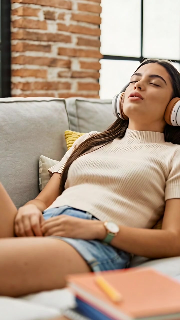 Video verticale: Donna in ascolto sdraiata su un divano grigio, che reagisce alla musica che inizia dalle cuffie.