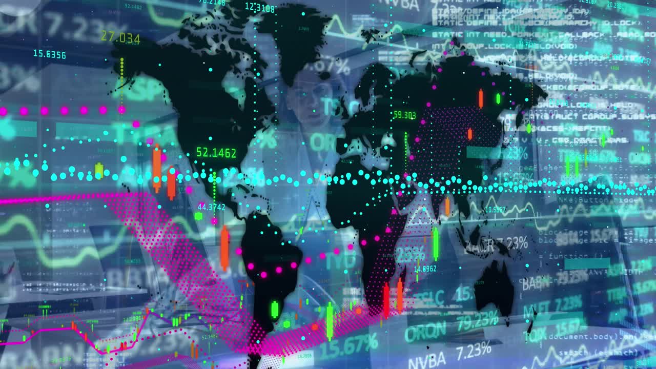 두 명의 다양한 여성 동료가 사무실에서 논의하는 주식 시장 데이터 처리의 애니메이션
