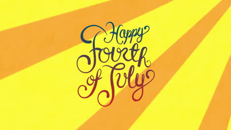 animation of 4th of july day text over yellow stripes spinning