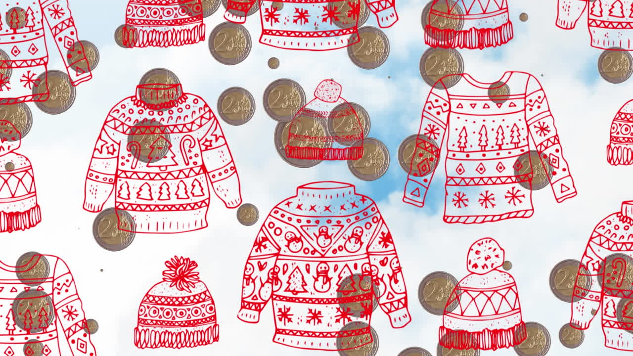 구름이 가득한 하늘을 배경으로 베니 모자를 입은 루핑 동전과 빨간 스웨터의 애니메이션