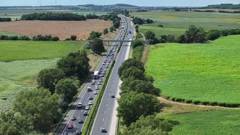 aerial footage of summer traffic jam on german autobahn