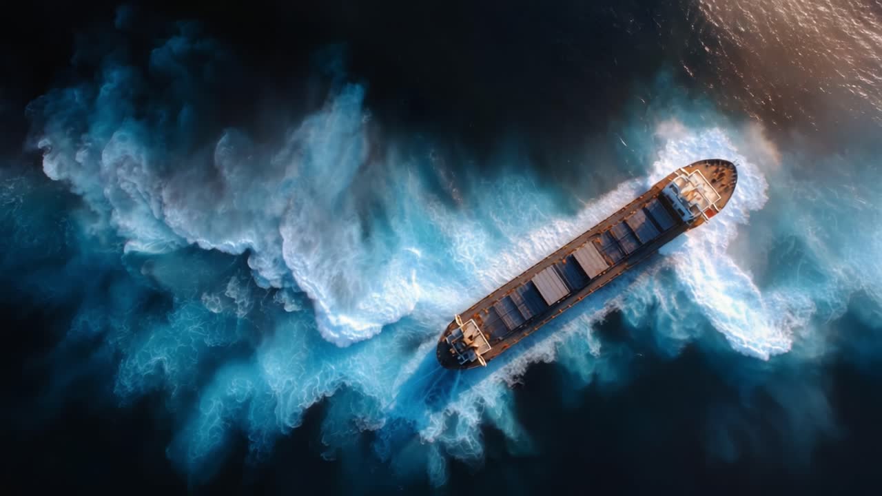 Aerial View of a Cargo Ship Navigating Through Vibrant Blue Waves, Capturing the Majesty of Maritime Transport and Ocean Dynamics