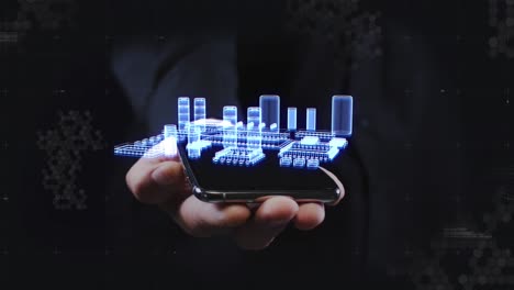 animación de un modelo digital girando sobre la pantalla de un teléfono inteligente sostenido por un hombre de negocios