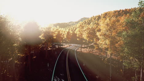 Aerial-view-of-curvy-road-in-beautiful-autumn-forest