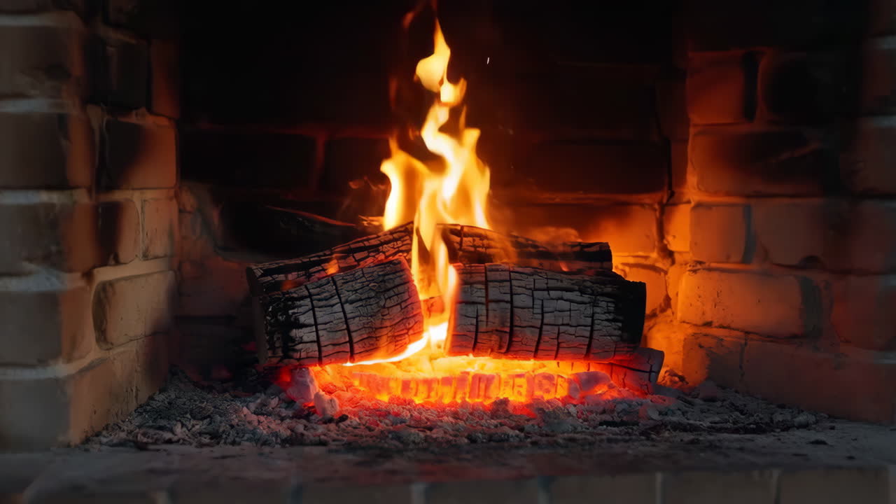 불타는 나무를 가진 쾌적한 벽난로