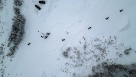 drone footage over snowy lapland, finland, near the arctic circle, descends over slow-moving snowmobiles crossing a snow-covered meadow in the forest
