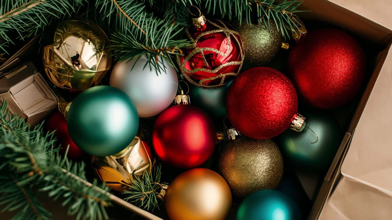 Colorful Christmas balls and fir branches are filling a cardboard box, creating a festive and cozy atmosphere, perfect for holiday decorations and seasonal celebrations