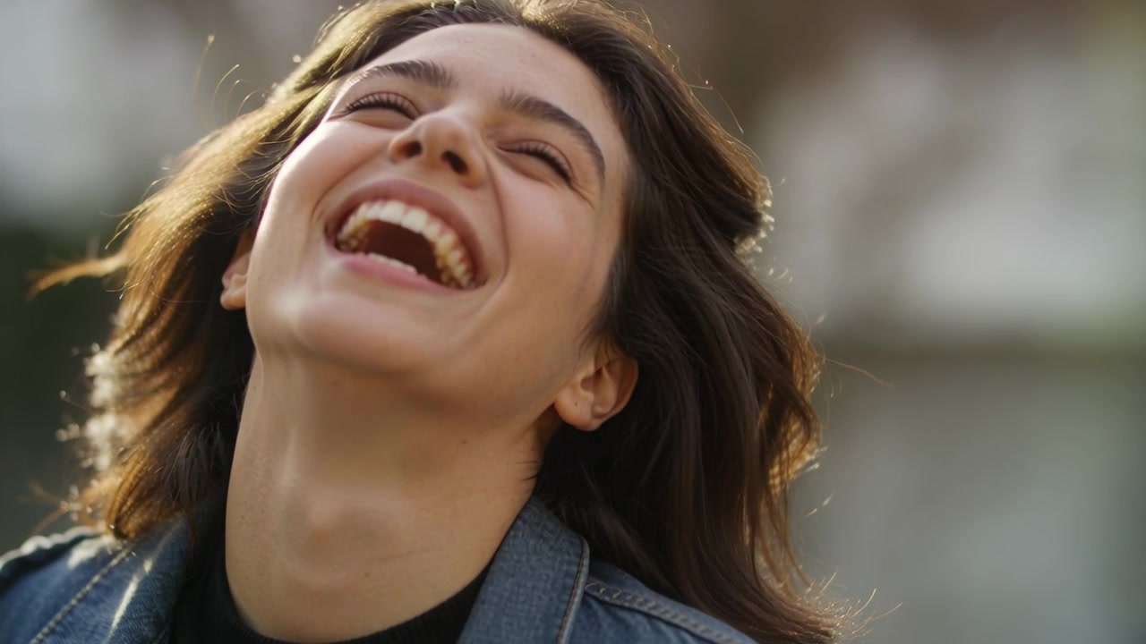 Mujer riendo, inclinando la cabeza hacia atrás al aire libre, con la luz del sol y la brisa levantando su cabello, vistiendo una chaqueta vaquera con tachuelas.