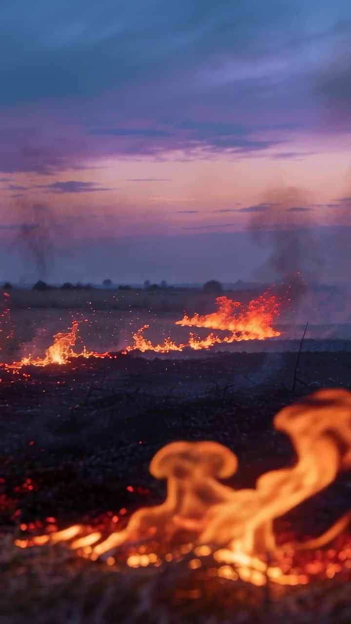 Video vertical: Llamas ascendentes en la línea de fuego extendiéndose por una pradera al anochecer, el viento arrastrando ascuas