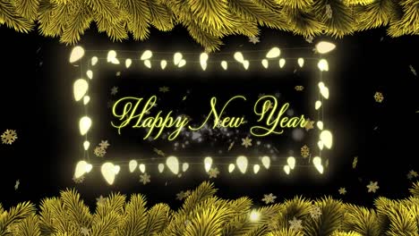 Animation-of-happy-new-year-text-with-glowing-string-lights,-snowflakes-and-christmas-tree-border