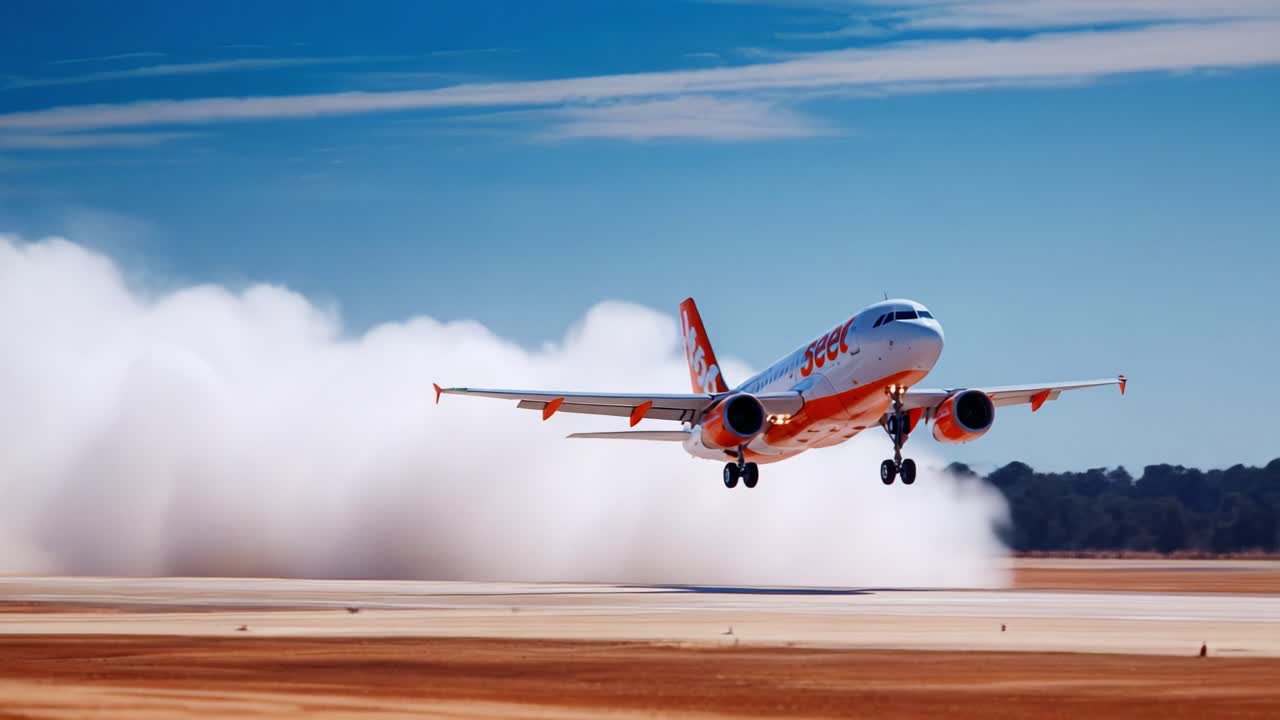 An airliner takes off into a clear blue sky, lifting off the runway amidst a cloud of dust and vapor, emphasizing the powerful thrust and agility of modern aviation technology