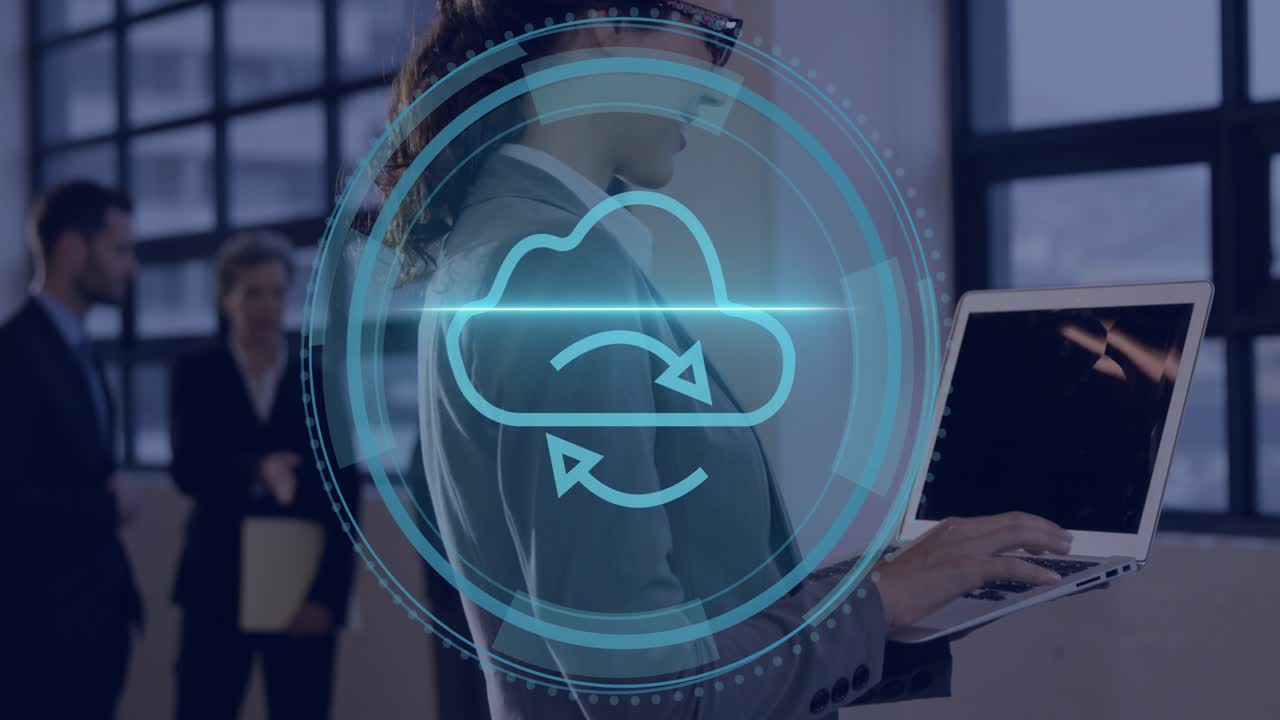 Woman holding laptop typing glowing cyber title causing HUD covering laptop and showing cloud-sync