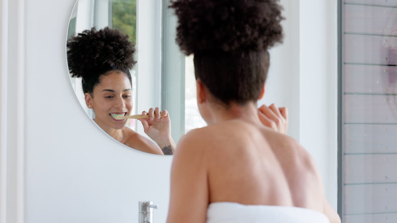 Mirror, black woman and brushing teeth