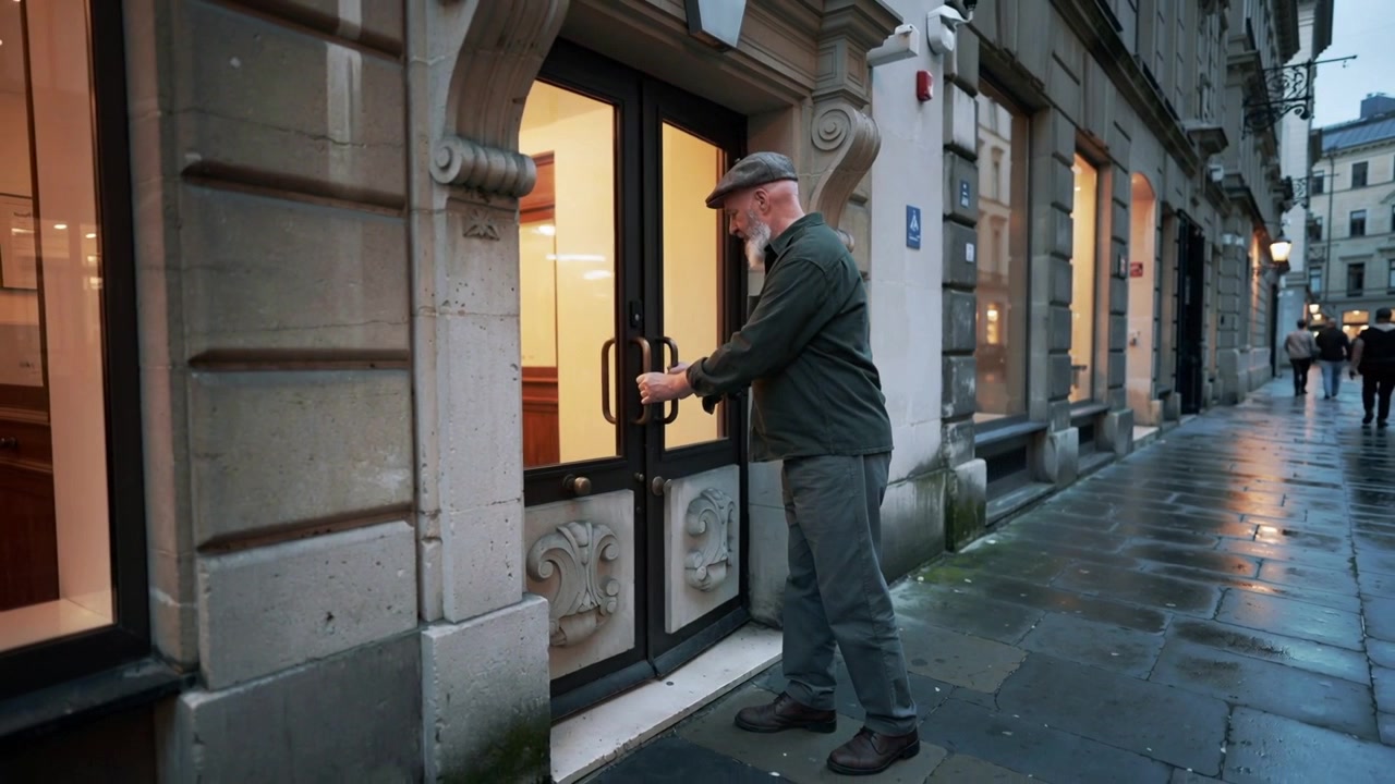 Un anziano barbuto con berretto che prova la maniglia di una porta in una strada al crepuscolo, entrando in una hall illuminata, con spazio per il testo.