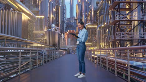 full body side view of an asian female professional worker standing with her tablet at a vast oil refinery, working continuously with her tablet
