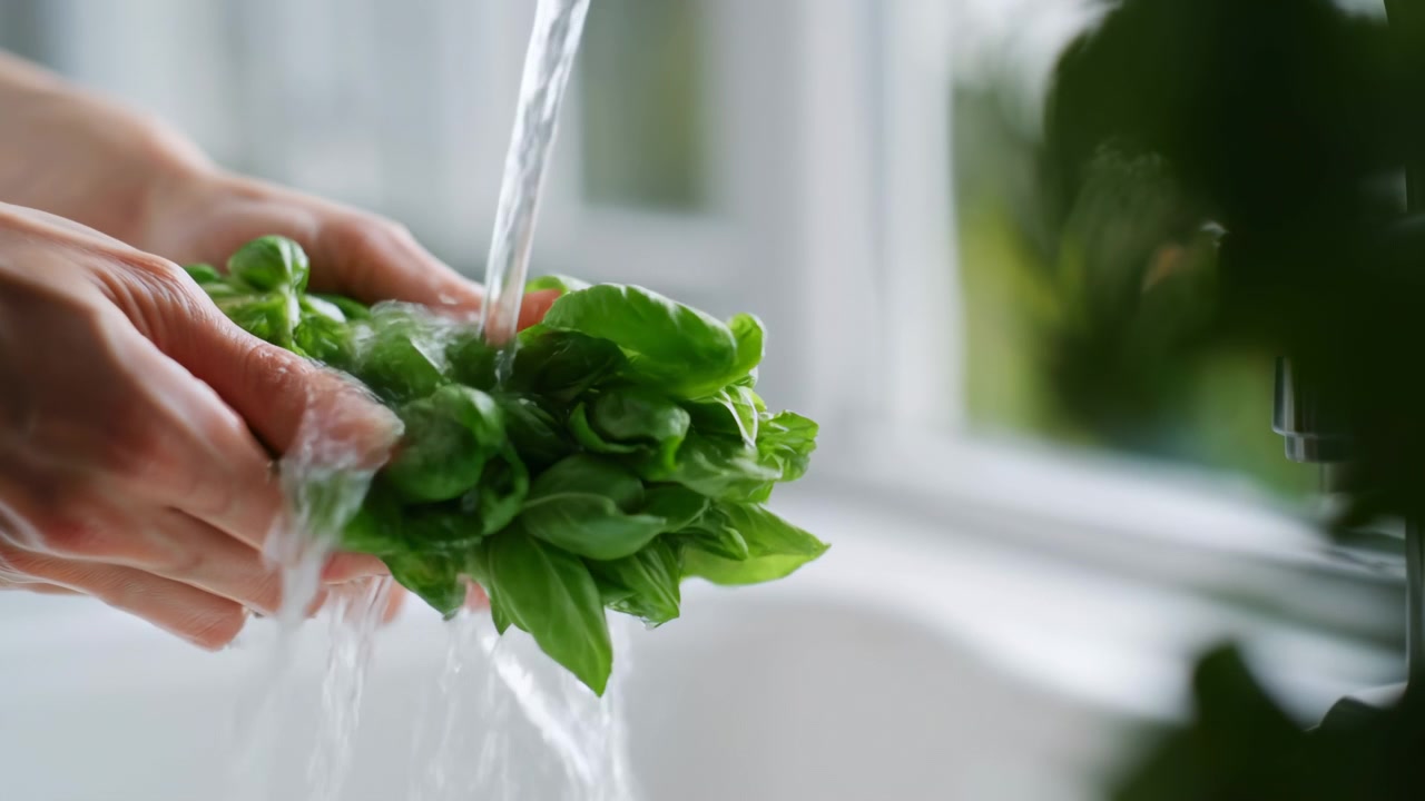 Mani che sciacquano e strizzano basilico fresco sotto l'acqua corrente del rubinetto durante la preparazione di un pasto casalingo.