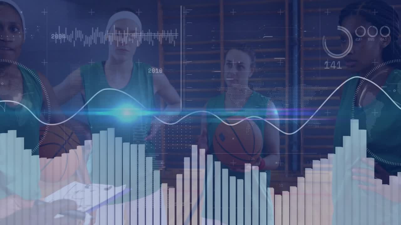 Basketballtræner vejleder spillere, der samles med bolde i en sportshal, med overlejringer af grafer og bølgeformer.