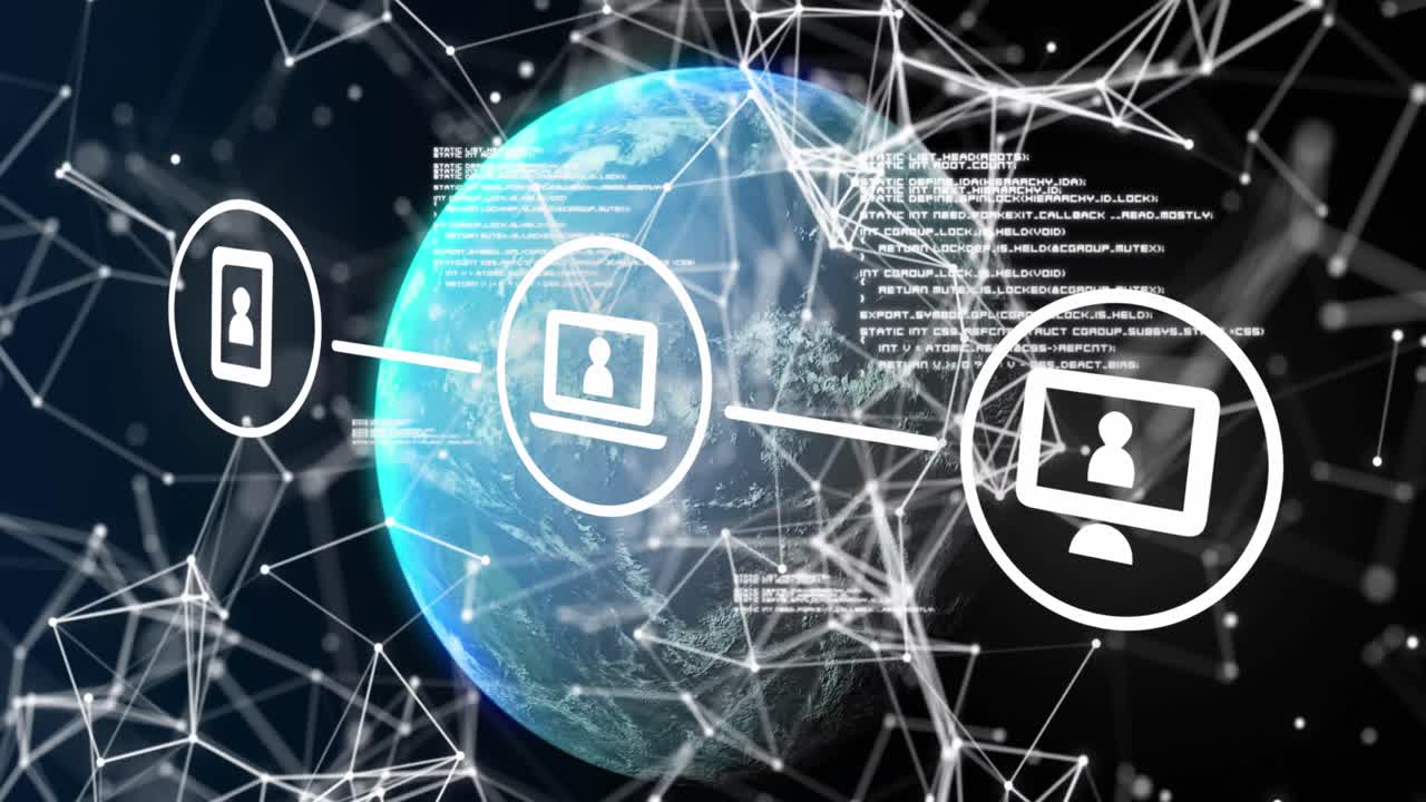 animación de datos, iconos, conexiones y globo sobre fondo negro