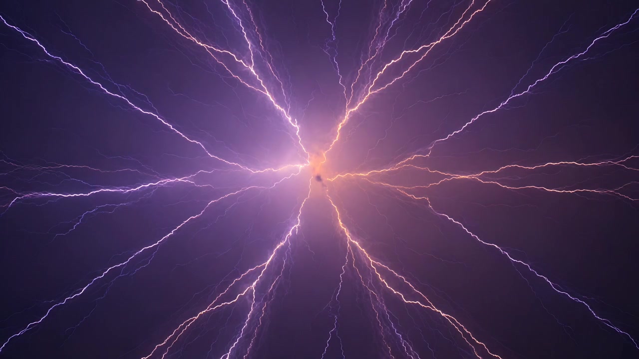 Brightening central core emitting purple lightning tendrils extending toward frame edges in void