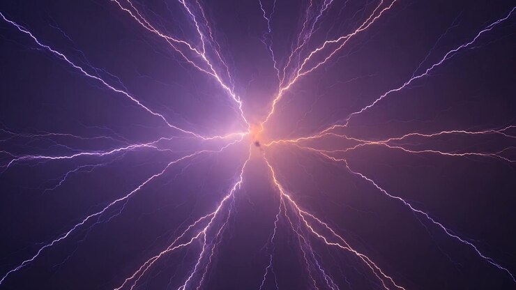 Nucleo centrale luminoso che emette filamenti di fulmini viola che si estendono verso i bordi dell'inquadratura nel vuoto.