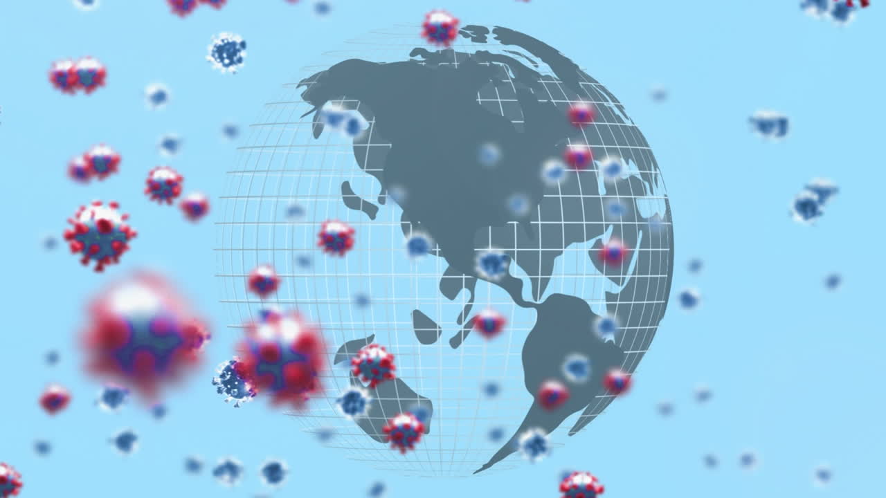 파란색 배경에 대해 회전하는 지구 위에 떠다니는 여러 코로나19 세포의 디지털 애니메이션