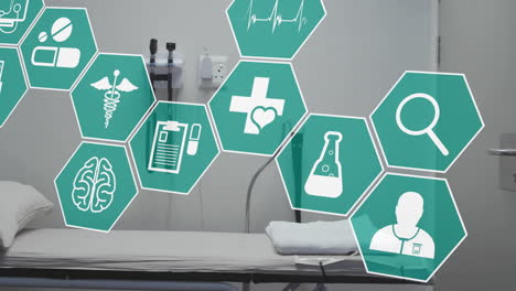 animation of network of medical icons over hospital bed