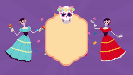 day of the dead illustration with skeletons and maracas