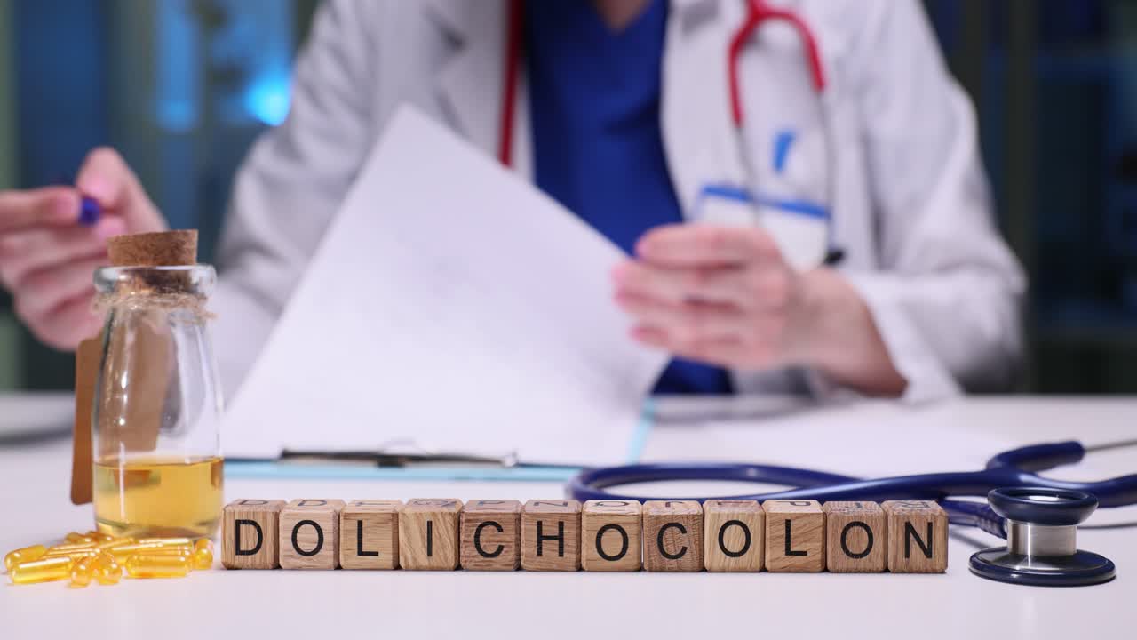 Wooden cubes create word dolichocolon near stethoscope
