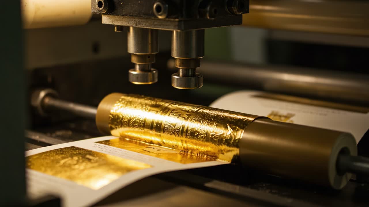A Close-Up Examination of a Gold Foil Printing Process with Precision Machinery and Clear Detailing on High-Quality Paper, Showcasing the Intricacies of Modern Print Technology
