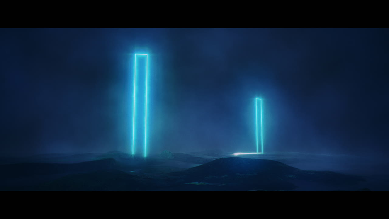 Rocky landscape with huge blue light portal structures