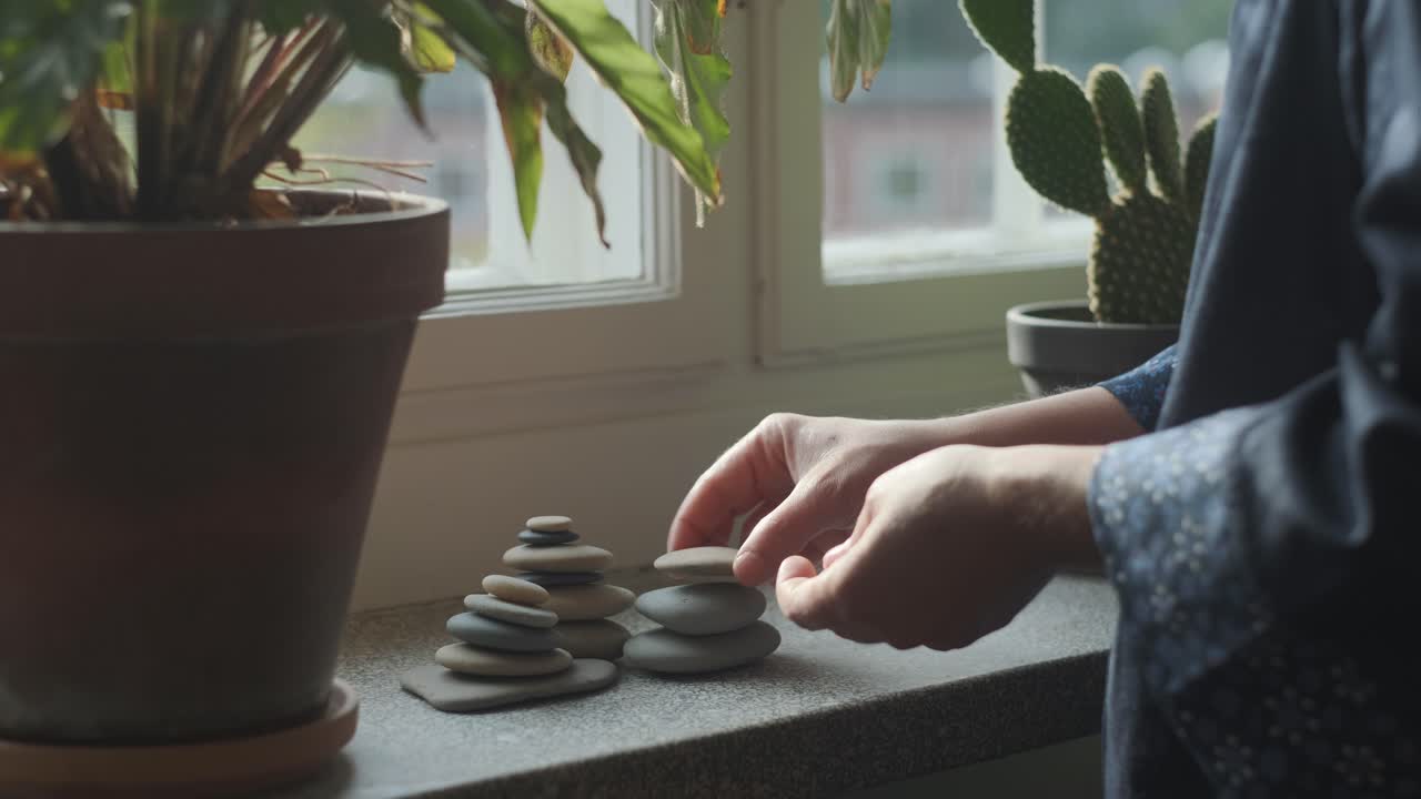 Female hands stacking pebbles on windowsill in apartment, indoors decoration