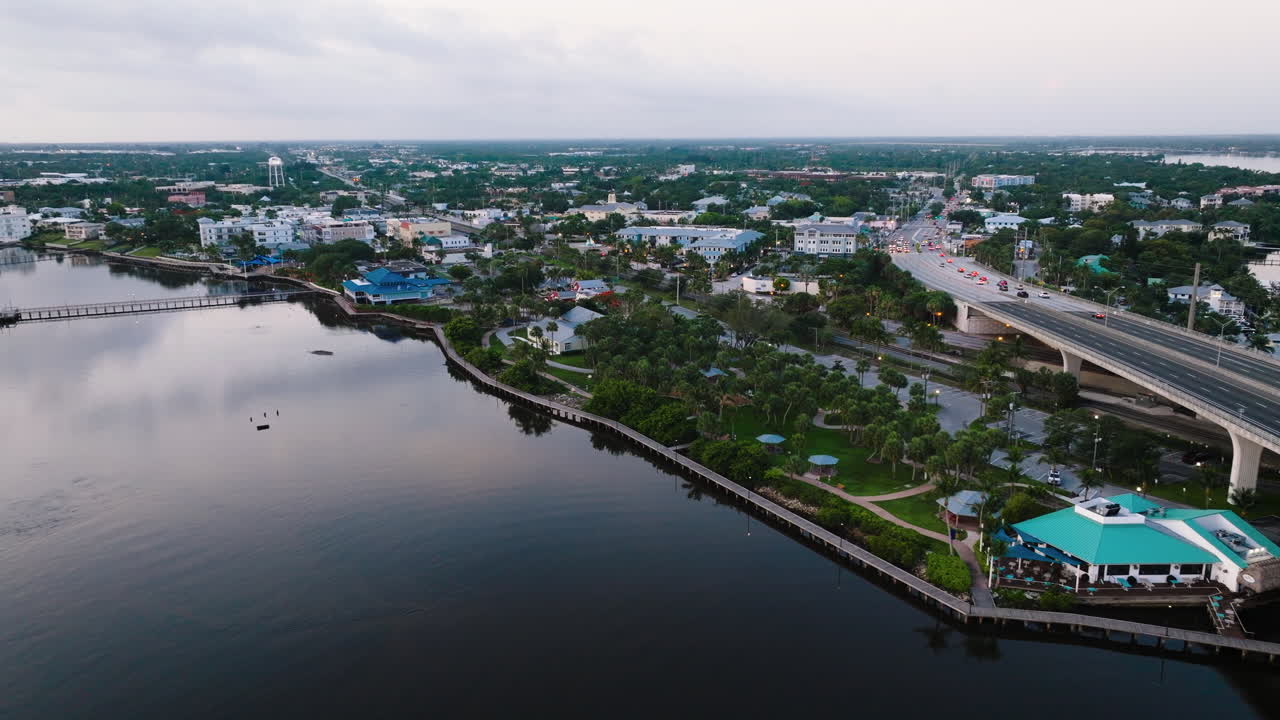 Downtown Stuart Florida Dusk Drone Tracking Boardwalk