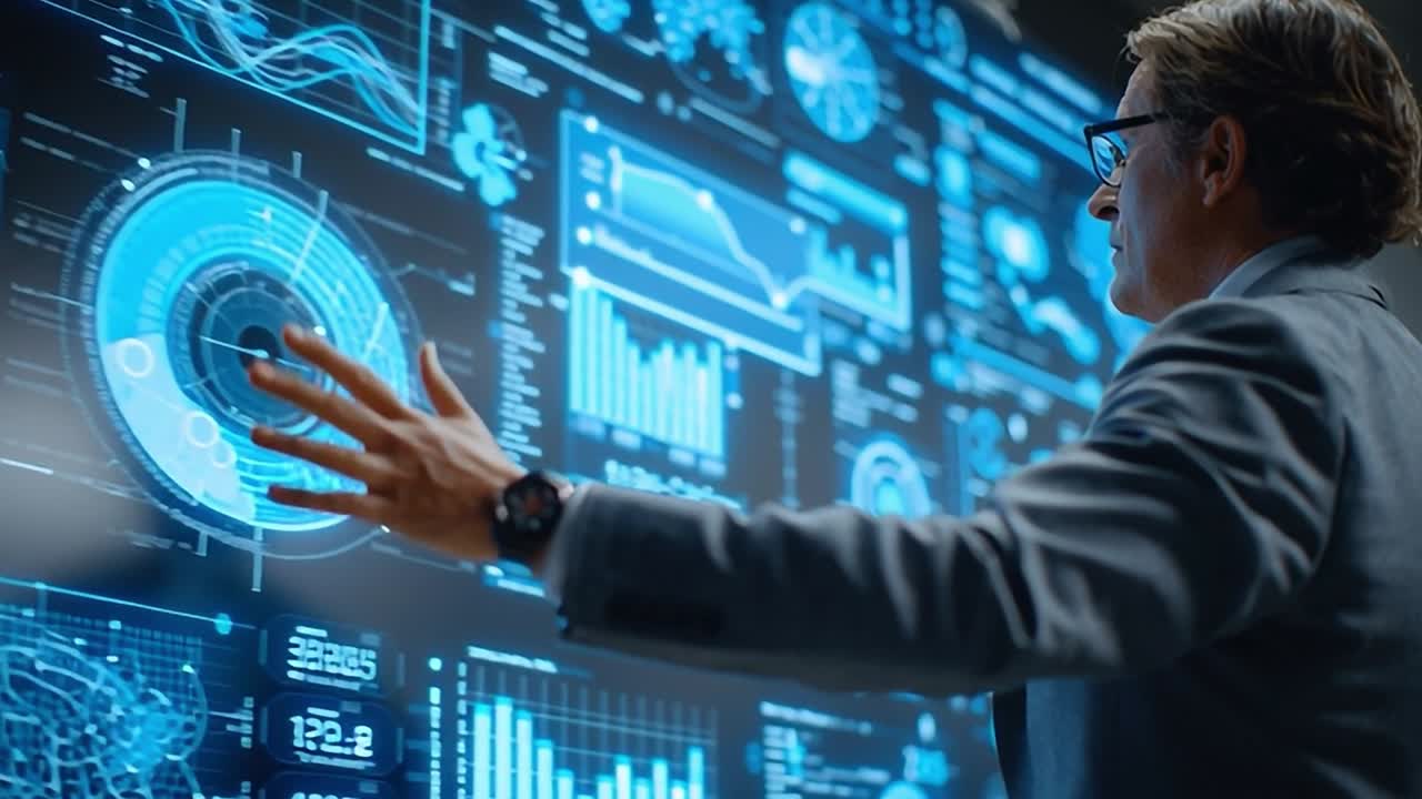Professional engages with futuristic data display in office