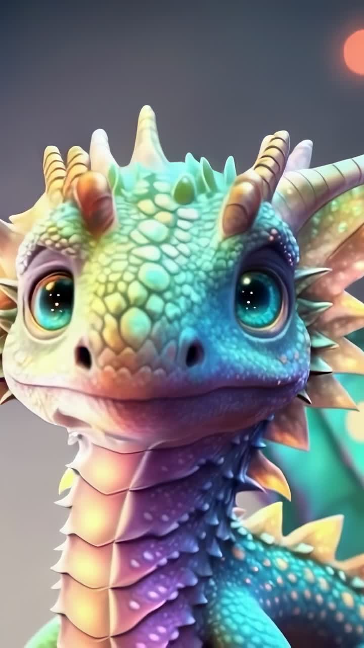 Vertical video: Rotating pastel CGI dragon head blinking in digital studio with amber highlight